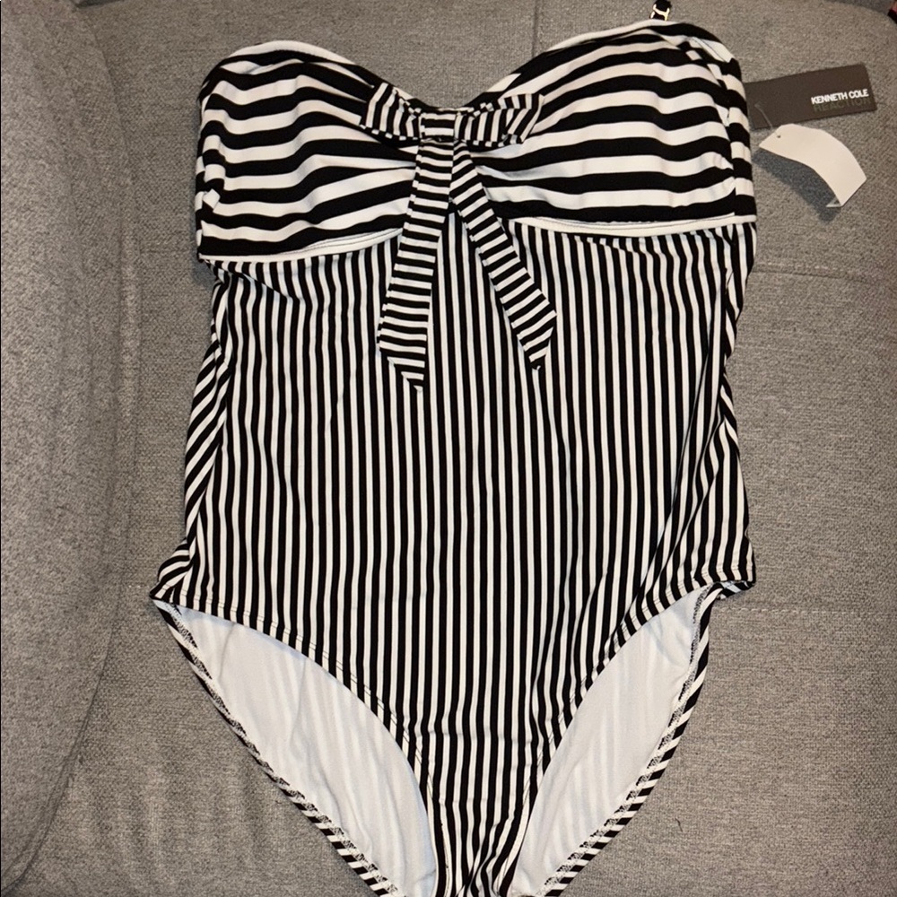 Kenneth Cole: Black & White Striped One-Piece Swimsuit - Bow Detail